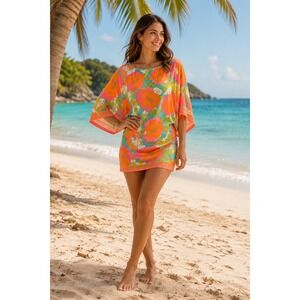 Trina Turk Floral Kaftan Cover Up Dress Kimono Sleeve Pink Orange Blue Medium